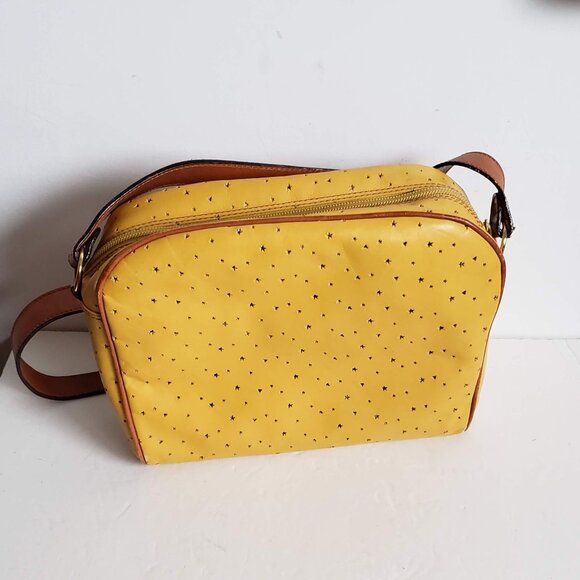 Leather VINTAGE ITALIAN Bag 80s Retro Crossbody Boxy Mustard Yellow Tan Brown - Picture 3 of 16